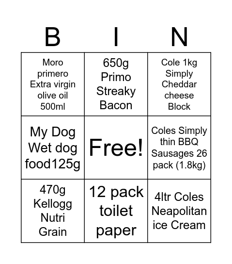 Shopping list & cost Bingo Card