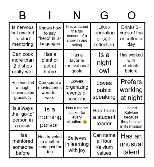 Mentored bingo Card