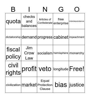 Social Studies Vocabulary Bingo Card