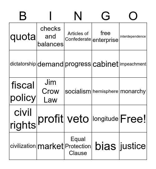 Social Studies Vocabulary Bingo Card