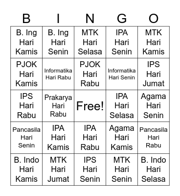 Jadwal Kelas 9 Bingo Card