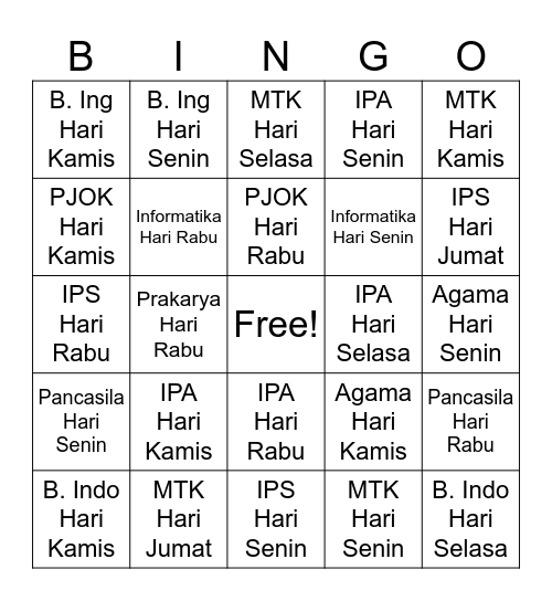 Jadwal Kelas 9 Bingo Card