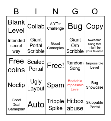 Recent Tab Bingo (Geometry Dash) Bingo Card