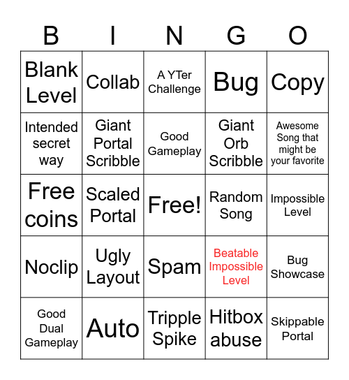 Recent Tab Bingo (Geometry Dash) Bingo Card