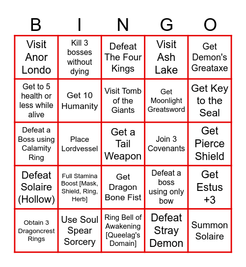 Dark Souls 1 Remastered Bingo Card