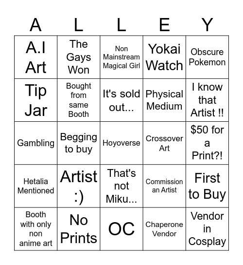 Artist Alley Bingo Card