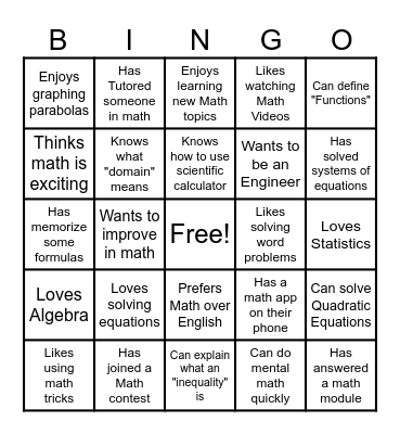 General Math Bingo Card