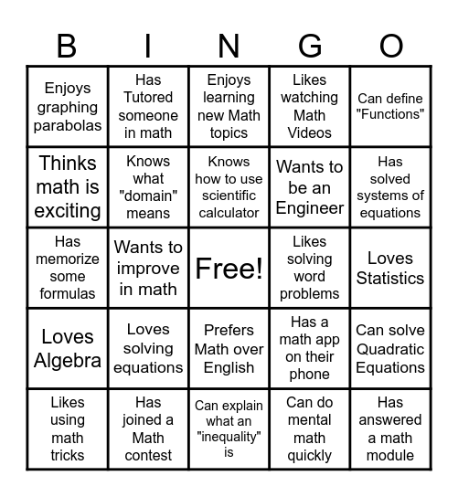 General Math Bingo Card