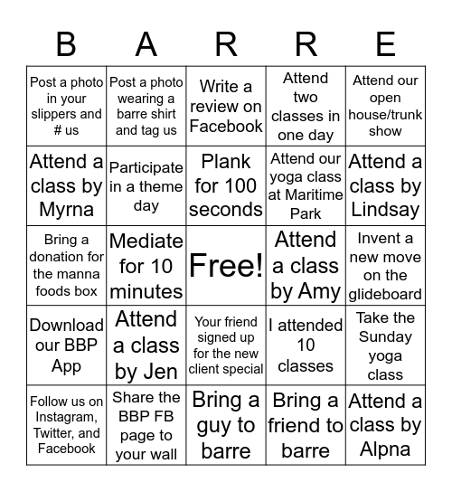 Barre Bingo Card