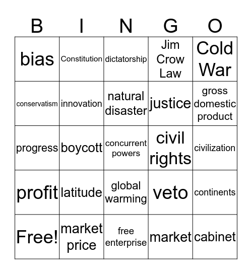 Social Studies Vocabulary Bingo Card