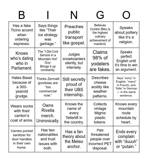 Swiss People Bingo - Steven's Bday Edition Bingo Card