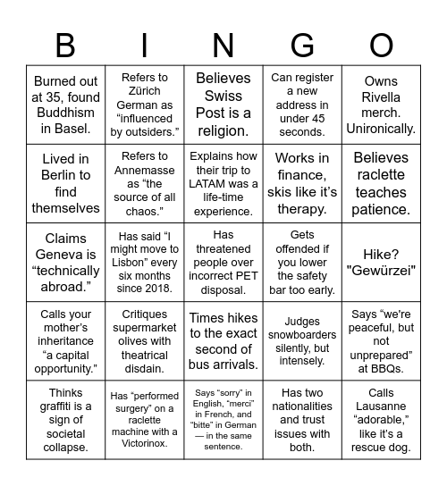 Swiss People Bingo - Steven's Bday Edition Bingo Card