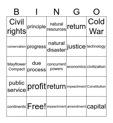 Social Studies Vocabulary Bingo Card