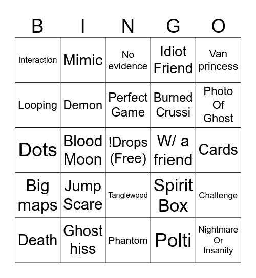 Phasmaphobia Bingo Card
