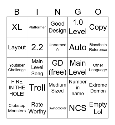 Geometry Dash Recent Tab Bingo Card