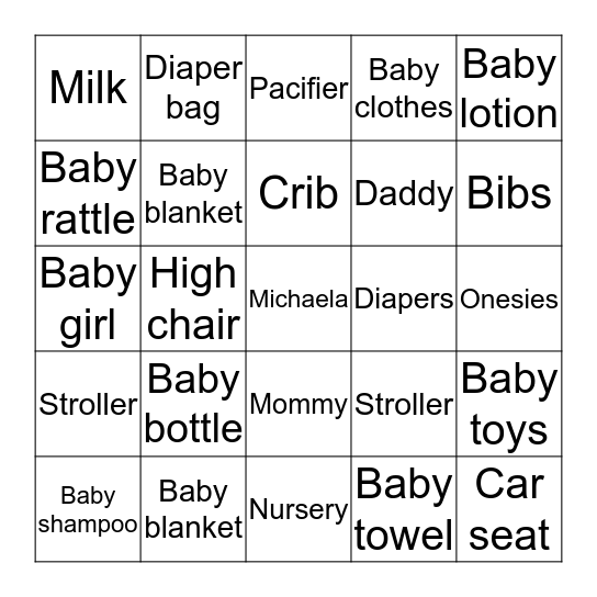 Becky's Baby Shower Bingo Card