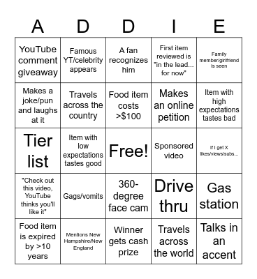 Addie Bowley Bingo Card