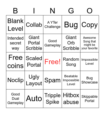 Recent Tab Bingo (Geometry Dash) Bingo Card