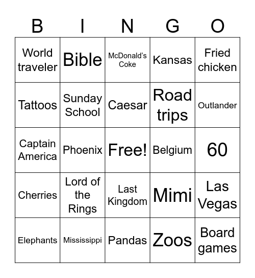 Cindy’s 60th Bingo Card