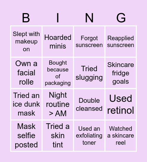 Skincare Bingo Card