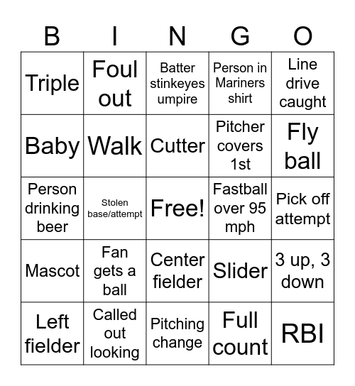 Mariners @ Rangers Bingo Card