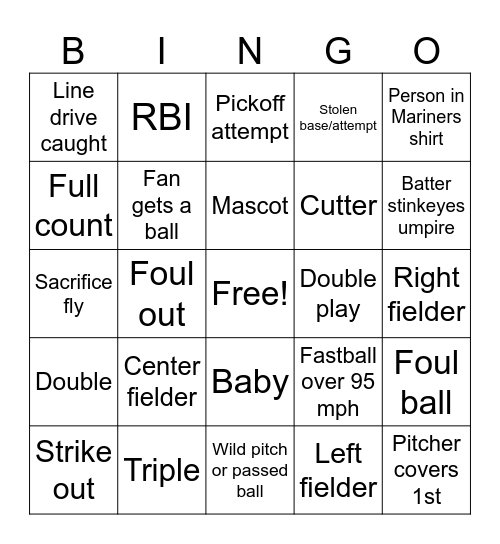 Mariners @ Rangers Bingo Card