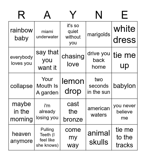 Raynes Bingo Card
