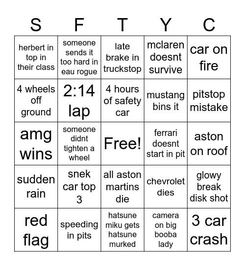 24H Spa 2025 Bingo Card