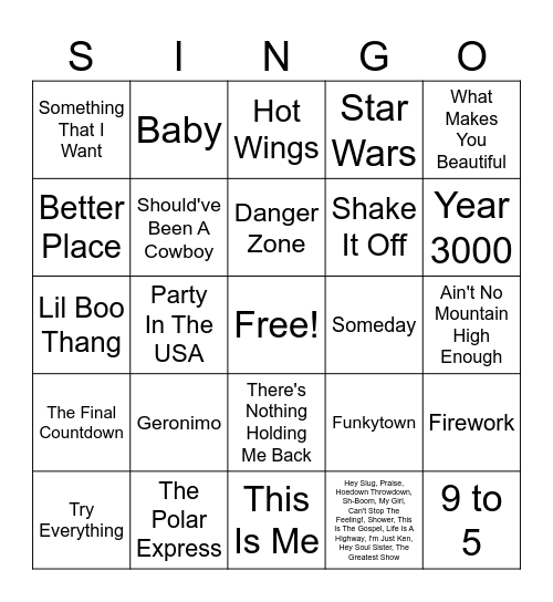 SINGO Bingo Card