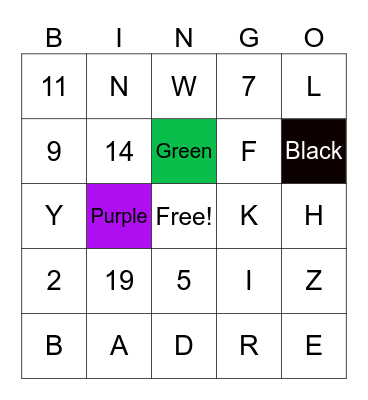 Numbers, Colors, Alphabet Bingo Card