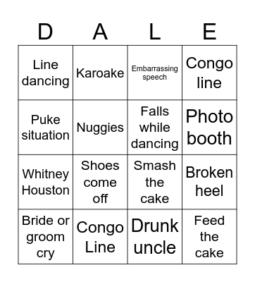 Dale and Alyse Wedding Bingo Card