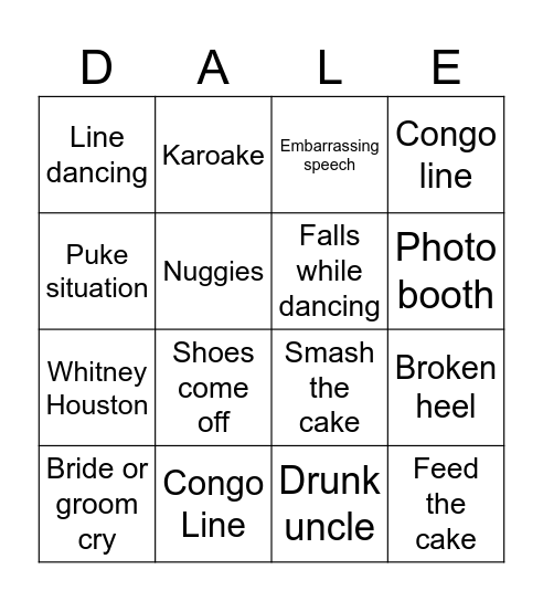 Dale and Alyse Wedding Bingo Card