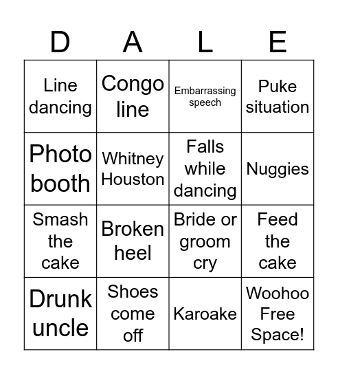 Dale and Alyes Wedding Bingo Card