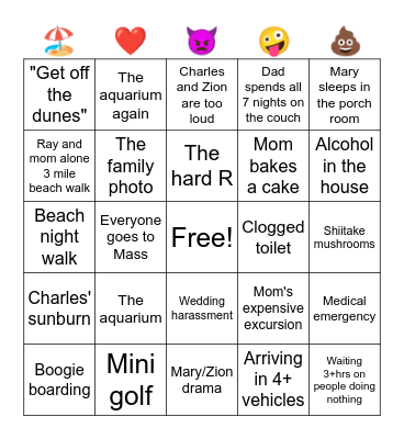 Family Beach Trip Bingo Card