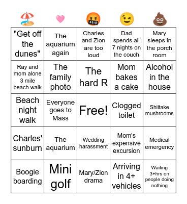 Family Beach Trip Bingo Card