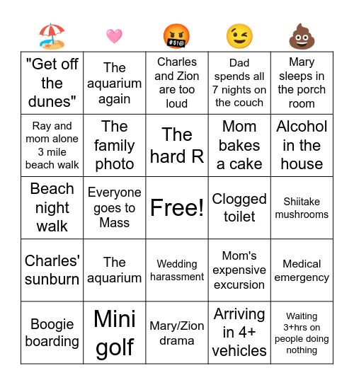 Family Beach Trip Bingo Card