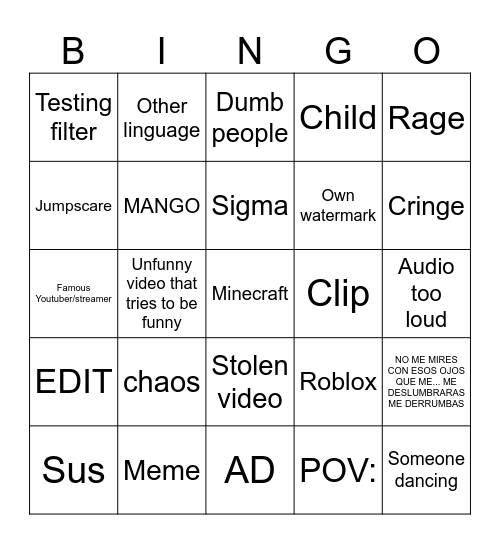 Tiktok bingo Card