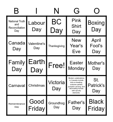 Canadian Holidays Bingo Card