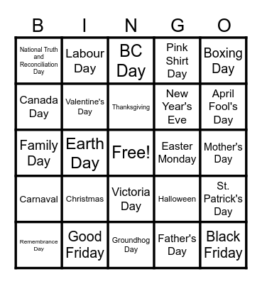 Canadian Holidays Bingo Card