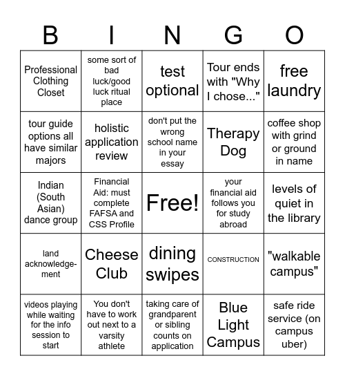 College Tour Bingo Card