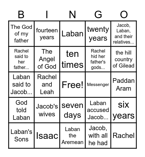 Genesis 31a:1-42 Bingo Card