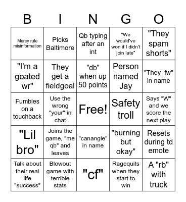 Football Fusion Bingo Card