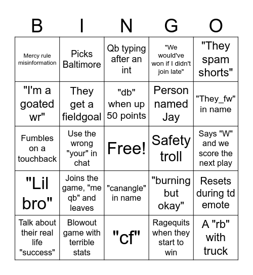 Football Fusion Bingo Card