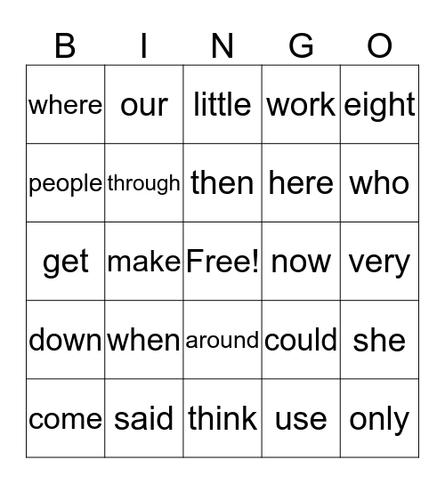 Sight Word Bingo  Bingo Card