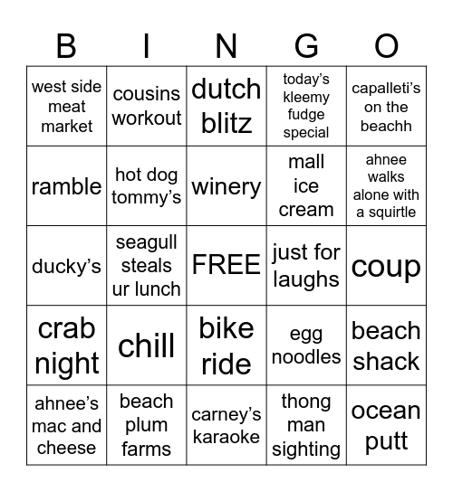 cape may bingo Card