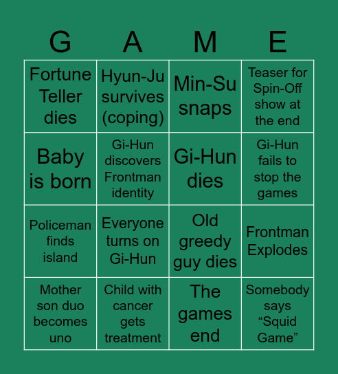 Squid Game Predictions Bingo Card