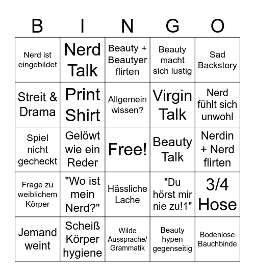 BEAUTY AND THE NERD Bingo Card