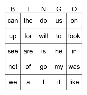 Kindergarten Sight Words Bingo Card