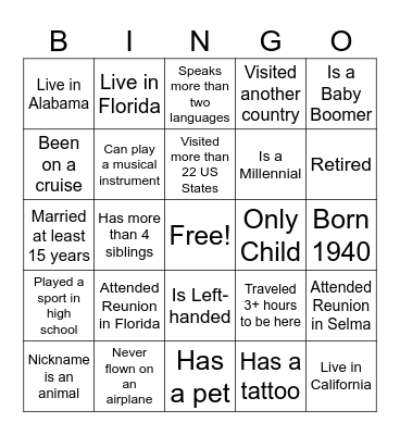 Edwards Family Reunion Bingo Card