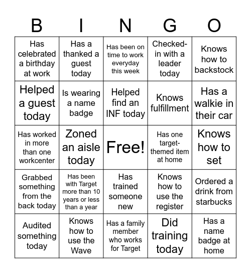 Target BINGO Card